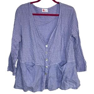 Linnea Lilac Purple Linen Blend Textured Elbow Sleeve Buttoned Blouse Medium